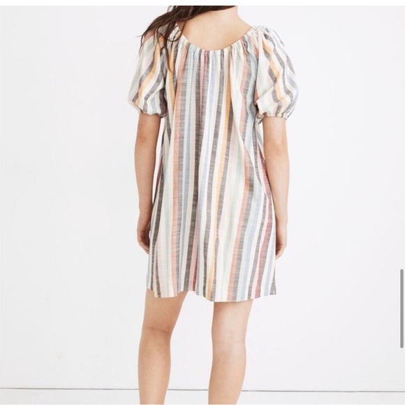 🆕 Madewell Puff-Sleeve Trapeze Mini Dress in Rainbow Stripe 🌈 - Picture 3 of 6